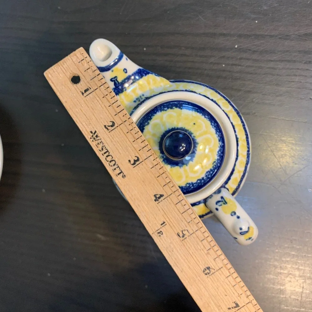 Ceramika Artystyczna Polish Pottery Tea Set Teapot Cup Saucer Yellow Blue READ